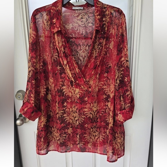 Catherines Sheer Tunic Top 2X Plus Womens 3/4 Sleeve Orange Paisely Open Front - Picture 2 of 15